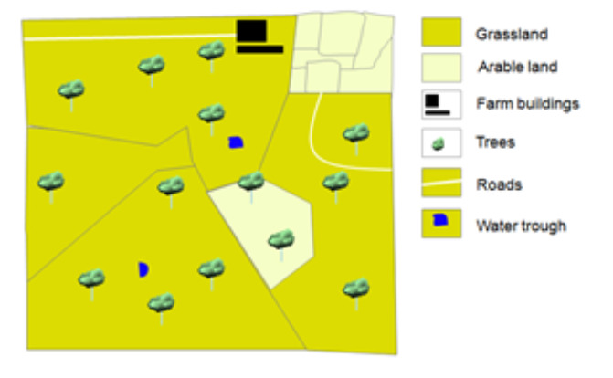 A conceptual map depicting a rural land parcel with various land cover and land use elements. The map is primarily composed of large areas of **Grassland** (shaded yellow), dotted with numerous individual **Trees** (represented by green tree icons). Several smaller, irregular parcels are classified as **Arable land** (shaded light yellow/cream). In the upper portion of the map, there are **Farm buildings** (black rectangles) and **Roads** (thin white lines) providing access. Two small **Water troughs** (blue irregular shapes) are also present within the grassland areas. The map illustrates a typical mixed agricultural landscape, consistent with an agro-forestry system featuring a mosaic of pastures, individual trees, and cultivated fields, as described in Copernicus Land Monitoring Service (CLMS) guidelines.