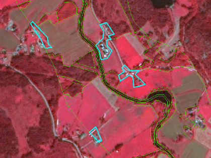 A false-colour infrared satellite map displays a rural landscape, likely showing vegetation in shades of red and less vegetated areas or bare soil in lighter tones of brown and grey. A winding dark feature, appearing as a river or stream, runs through the central and lower-right parts of the image, with a dark oval-shaped water body (pond) visible adjacent to it. Thin green lines overlay the imagery, delineating various land parcels, which likely represent different land cover / land use (LCLU) classes such as agricultural fields, forest patches, and open land. Prominent cyan (light blue) outlines highlight individual buildings or small clusters of buildings scattered across the landscape, indicating areas of impervious surface. No geographic labels, scale, legend, or date information is visible.