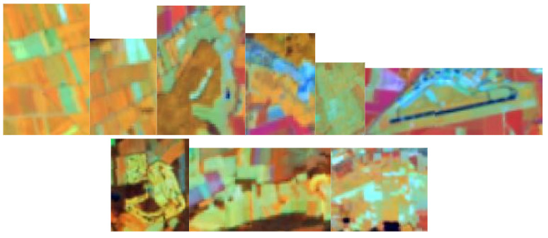 This image is a collage of eight rectangular satellite imagery snippets, likely from Spot 5 (2.5 m resolution, 1/2/3 Band Combination, often implying false-colour for vegetation analysis, where colours like green, orange, and blue represent different land cover types or vegetation stages). The snippets are arranged in two rows. The top row contains six snippets, and the bottom row contains two. The imagery displays diverse land cover patterns, predominantly agricultural fields appearing as rectangular patches in varying hues of greenish-blue, orange, and brown, indicative of different vegetation types, crop stages, or soil conditions. One notable snippet in the top right shows a distinct elongated linear feature, bright yellow-orange with a dark central line, surrounded by varied colours, characteristic of an airfield or major infrastructure. Other snippets show a mosaic of field patterns interspersed with darker green or brown areas, suggesting managed grasslands or natural vegetation. The overall appearance is a patchwork of colours and textures, which, based on the surrounding context, could represent different mowing stages within managed grassland regions or arable land.