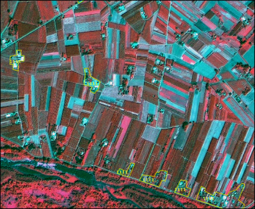 False-colour infrared satellite imagery from SPOT-5 (2.5m resolution) depicting a landscape classified as 'Class 1.1.1.3 Low Density Urban Fabric.' The image displays a patchwork of rectangular agricultural fields in various shades of reddish-purple and turquoise, indicating different vegetation types or growth stages. Scattered throughout the fields are individual buildings and small clusters of buildings, many of which are delineated by yellow outlines and labelled '1.1.1.3'. A winding river or stream flows across the lower portion of the image, bordered by dense, bright red vegetation characteristic of healthy foliage in false-colour infrared. Thin linear features, likely roads or paths, are visible traversing the agricultural areas. The imagery is part of a CLMS CORINE Land Cover (CLC) nomenclature guideline, with a similar image noted to be from 2012-08-11.