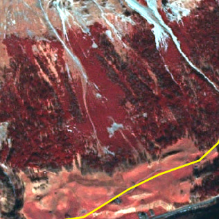 This map displays a landscape in false-colour infrared (NIR-Red-Green composite) imagery, showing distinct land cover types. The upper and central regions are predominantly covered by dense, healthy vegetation, rendered in deep reddish-brown and maroon hues, characteristic of forest or dense shrubland. Within these vegetated areas, some lighter brown and white patches suggest bare ground, rock outcrops, or sparse vegetation. Darker, linear features are also visible, likely shadows or water bodies. The lower-right portion of the image transitions to an area dominated by lighter brown, orange, and pinkish-brown tones, indicative of open ground, bare soil, or sparse, possibly drier, vegetation. A prominent, continuous yellow line delineates a polygonal boundary across the lower-right section, highlighting a specific area of interest or a land cover/land use (LULC) classification unit. No specific geographic location, scale, or legend is provided.