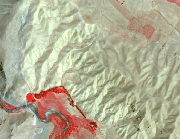 This false-colour infrared satellite image displays an arid, mountainous, or hilly landscape. The predominant land cover is light beige/off-white, indicating barren land or sparsely vegetated terrain across the undulating hills. A prominent winding river system, depicted in a light blue/teal colour, flows through the lower-left quadrant. Significant areas of dense vegetation, rendered in bright red, flank the river banks. Additional patches of red-coloured vegetation are visible in the upper and lower right sections of the image. No specific geographic location, scale bar, compass, legend, or date information is provided.