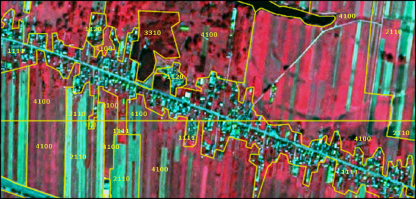 A false-colour infrared satellite map of an area in Poland, acquired on 2011-07-23 by SPOT-5 (2.5m resolution, 1/2/3 Band Combination), illustrating the application of generalization rules for Copernicus Land Monitoring Service (CLMS) Land Use / Land Cover (LULC) mapping, specifically for low-density urban fabric. The background satellite imagery shows vegetation in shades of red and cultivated areas in lighter green/red strips, with impervious surfaces appearing bluish-green. Overlaid yellow polygons delineate different land cover classes, indicated by numeric codes: - **1111:** Represents continuous urban fabric, including residential areas and associated gardens. - **1120:** Represents discontinuous urban fabric, indicating less dense urbanized areas. - **2110:** Represents arable land, visible as long, distinct cultivated fields. - **3310:** Represents a forest or dense vegetation patch. - **4100:** Represents agricultural land or grassland, including larger parcels interspersed with urban areas. The map demonstrates how generalization rules are applied to connect single urban blocks, include private gardens within urban class boundaries, and close gaps of less than 50 meters to provide a cartographically representative outline of urban areas. Larger agricultural areas (width > 50 m) at the urban border are excluded from the urban classification. Source: CNES 2011©, Distribution Airbus DS/Spot Image.