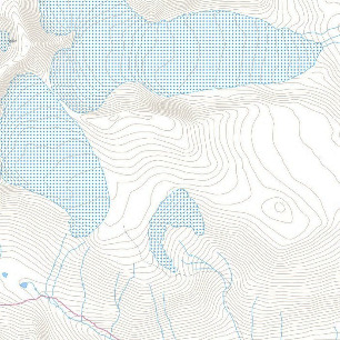 This topographic map displays a mountainous region, likely Kebnekaise, Sweden, consistent with areas of 'Glaciers and Perpetual Snow' as defined in section 6.3.3.0 of the document. The map features numerous thin grey contour lines indicating high-relief topography. Several large water bodies are depicted with a blue dotted pattern. Thin blue lines represent watercourses (streams and rivers) flowing through the terrain, with some connecting to the blue dotted water bodies. A single thin purple line in the lower-left section denotes a linear feature, potentially a path or road. The white/light grey areas bounded by contour lines represent the undifferentiated land, which, in the context of the document, pertains to mountainous terrain and includes glacier and perpetual snowfields, though these specific features are not highlighted with a distinct pattern within this map view. No legend, scale bar, compass orientation, or date is visible.