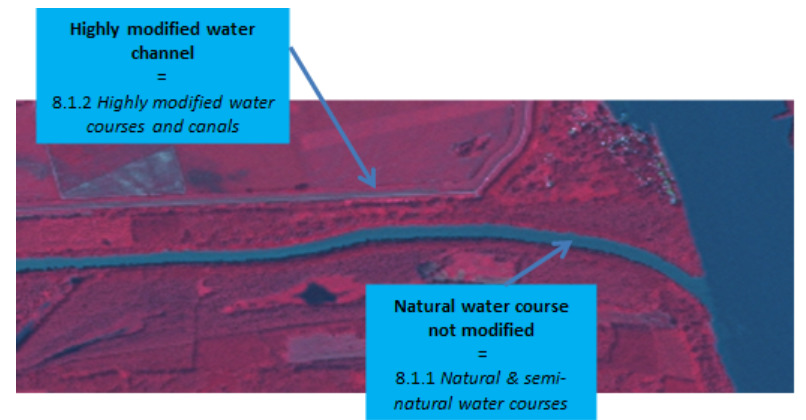 This satellite image, likely in false colour, illustrates the visual distinction between two Copernicus Land Monitoring Service (CLMS) water course classification categories. The vegetation appears in shades of red/magenta, and water bodies are dark blue/cyan. An annotation box in the upper left points to a straight, narrow water channel and labels it as 'Highly modified water channel = 8.1.2 Highly modified water courses and canals'. An annotation box in the lower right points to a wider, meandering water course and labels it as 'Natural water course not modified = 8.1.1 Natural & semi-natural water courses'. The surrounding land cover consists of vegetated areas and possibly agricultural fields. There is no visible scale bar, compass, or date.