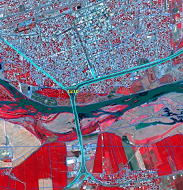This is a false-colour satellite image example of Copernicus Land Monitoring Service (CLMS) Land Use / Land Cover (LULC) Class 1.2.1.0 for the city of Skien, Norway. The image was acquired on 2012-08-11 by SPOT-5 satellite at 2.5m resolution, using a 1/2/3 Band Combination. The source is CNES 2011©, Distribution Airbus DS/Spot Image. The false-colour composite shows dense vegetation and agricultural fields in shades of red, urban fabric and impervious surfaces in bluish-grey, and water bodies (a river) in dark blue/green. Overlaid in turquoise are prominent linear features representing transport infrastructure, including a large bridge crossing the river and associated road networks, explicitly labelled '1.2.1.0'. This class corresponds to 'Road and rail networks and associated land' within the CLC+ nomenclature guideline. The highlighted infrastructure connects densely built-up urban areas on both banks of the river and extends into surrounding vegetated and cultivated landscapes.