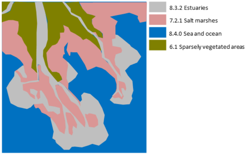 A schematic map illustrating the spatial distribution of four land cover/land use (LULC) types typical of an estuarine environment. The map uses a colour legend on the right. The mapped categories are: * Light grey: 8.3.2 Estuaries * Light pink: 7.2.1 Salt marshes * Blue: 8.4.0 Sea and ocean * Olive green: 6.1 Sparsely vegetated areas The map shows a complex intertidal zone where 'Sea and ocean' (blue) transitions inland through 'Estuaries' (light grey) which form wide river mouths and channels. 'Salt marshes' (light pink) are extensively distributed, frequently bordering the estuarine channels and the 'Sea and ocean' coastline, forming an intricate network of wetland areas. 'Sparsely vegetated areas' (olive green) occupy higher ground, appearing as landmasses interspersed with the salt marshes and estuaries. This representation highlights the interweaving nature of water bodies and land cover types in a coastal estuarine system. No scale bar or compass is visible.