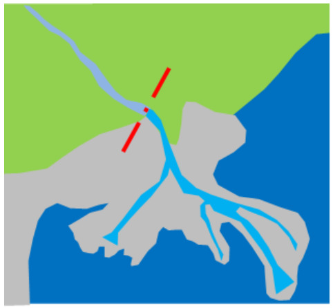 This diagram illustrates the practical visual rules for defining the classification boundary between land cover class *8.1.1 Natural and semi-natural water courses* and *8.3.2.0 Estuaries*. The schematic depicts a landscape with green land areas (representing terrestrial terrain), a light blue river system, and a dark blue larger body of water (representing the sea). A grey area borders the river mouth and delta, visually corresponding to the area influenced by tides and potentially showing mud flats, characteristic of *8.3.2.0 Estuaries* according to the surrounding document context. A red dashed line visually marks the conceptual boundary where the river transitions into the estuary. Upstream of this red line, the narrower light blue river channel is designated as *8.1.1 Natural and semi-natural water courses*. Downstream of the red line, the wider, branching light blue water channels and the adjacent grey tidal areas are classified as *8.3.2.0 Estuaries*.