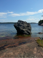 This photograph depicts a marine coastal landscape at Fjärdlång, Sweden, as credited to K. Larsson. The foreground features a large, dark grey boulder partially submerged in clear, calm water and resting on reddish-brown rock formations. Some green vegetation (likely algae or seaweed) is visible in the water around the base of the boulder. The middle ground shows a wide expanse of open water, leading to a distant, tree-lined horizon under a bright blue sky with scattered white clouds. The image illustrates a typical marine environment referenced in the document's classification of '8.4.0.0 Sea and Ocean' or '8.3 Transitional waters.'