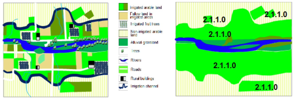 This image displays two conceptual maps illustrating land cover and land use, with a legend for the left map and classification labels for the right map. The left map shows a detailed rural landscape with multiple land cover/land use types: - **Dark green:** Irrigated arable land - **Light brown:** Fallow land in irrigated areas - **Gridded dark green:** Irrigated fruit trees - **Striped light yellow:** Non-irrigated arable land - **Mid-green:** Alluvial grassland - **Small green trees:** Trees - **Blue wavy line:** Rivers - **Light green rectangular lines:** Roads - **Black/grey rectangles:** Rural buildings - **Blue thin wavy line:** Irrigation channel The right map shows a simplified representation of the same area after reclassification. Most of the agricultural land and associated features from the left map are aggregated into a single class, indicated by bright green areas labelled '2.1.1.0'. Based on context, '2.1.1.0' corresponds to 'Arable irrigated and non-irrigated land,' which includes fallow land and irrigated fruit trees. Non-irrigated arable land (striped light yellow) remains distinct, as do the rivers (blue). The map demonstrates the process of aggregating detailed land use information into broader categories for land cover mapping systems like CORINE Land Cover (CLC+).