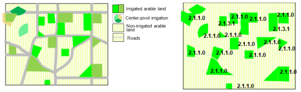 This diagram illustrates the classification of different land cover types, specifically focusing on irrigated and non-irrigated arable land, using both visual representation and a numerical nomenclature. The left panel, titled 'Example of final result of classification of traditional irrigated land with traditional infrastructures' (from context), depicts a landscape with four distinct visual categories based on the legend: * **Irrigated arable land:** shown as dark green polygons. * **Center-pivot irrigation:** depicted as light green semi-circular areas. The legend's icon for this category is a pie chart with light green and beige sections. * **Non-irrigated arable land:** represented by a pale yellow background with fine vertical light-green stripes. * **Roads:** shown as grey lines and broader grey polygonal areas. * Additionally, there are unlabelled beige polygonal areas visible, which visually correspond to the beige section of the 'Center-pivot irrigation' pie chart icon in the legend, but are spatially distinct from the light green semi-circular areas on the map. The right panel displays the numerical classification of the same area. Most of the irrigated arable land (dark green polygons) and all light green semi-circular center-pivot irrigation areas from the left panel are assigned the label '2.1.1.0'. Two polygonal areas, which were dark green 'Irrigated arable land' in the left panel, are classified as '2.1.3.1'. The background representing 'Non-irrigated arable land' remains visually distinct but is not explicitly numerically labelled in this panel. According to the document's context, '2.1.1.0 Arable irrigated and non-irrigated land' is a broad category that includes traditional irrigated land, non-irrigated land, irrigated fruit-trees, and center-pivot irrigation parcels within traditional irrigated areas.