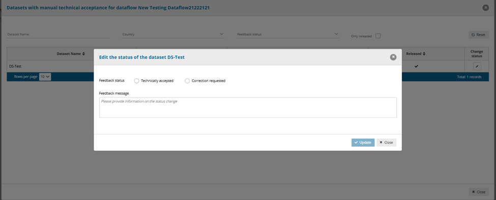 Manual technical acceptance page listing datasets to review