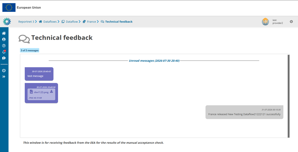 Technical feedback page as seen by the Data Provider